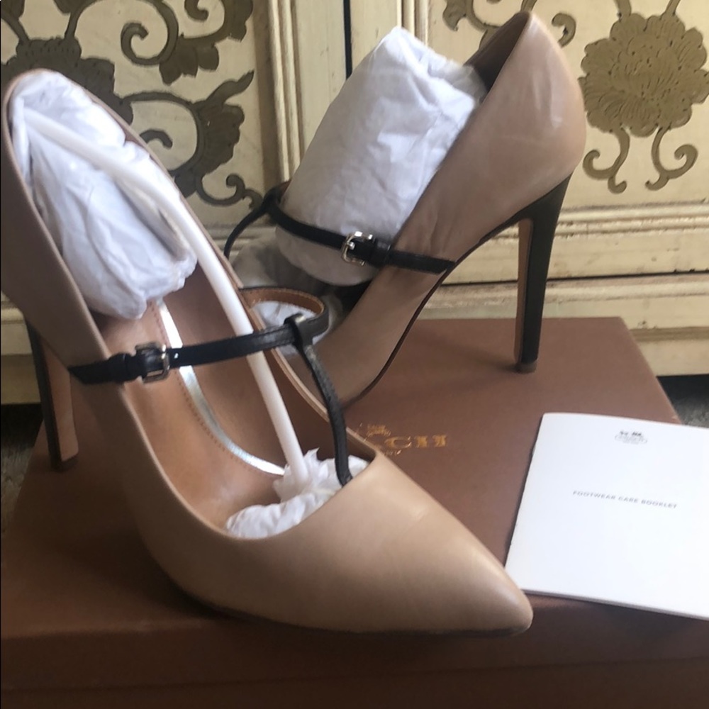 Coach Tan and Black T-strap heels